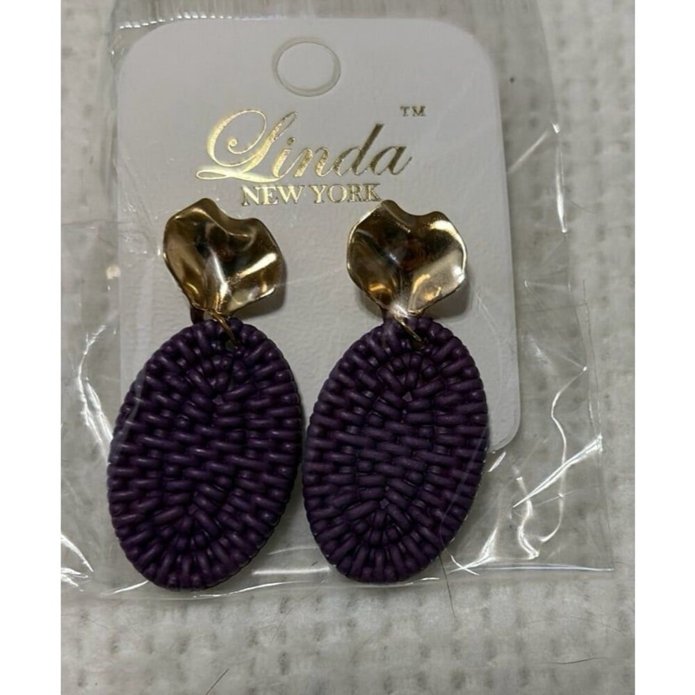 Linda New York Purple Woven Oval Drop Earrings Gold Tone